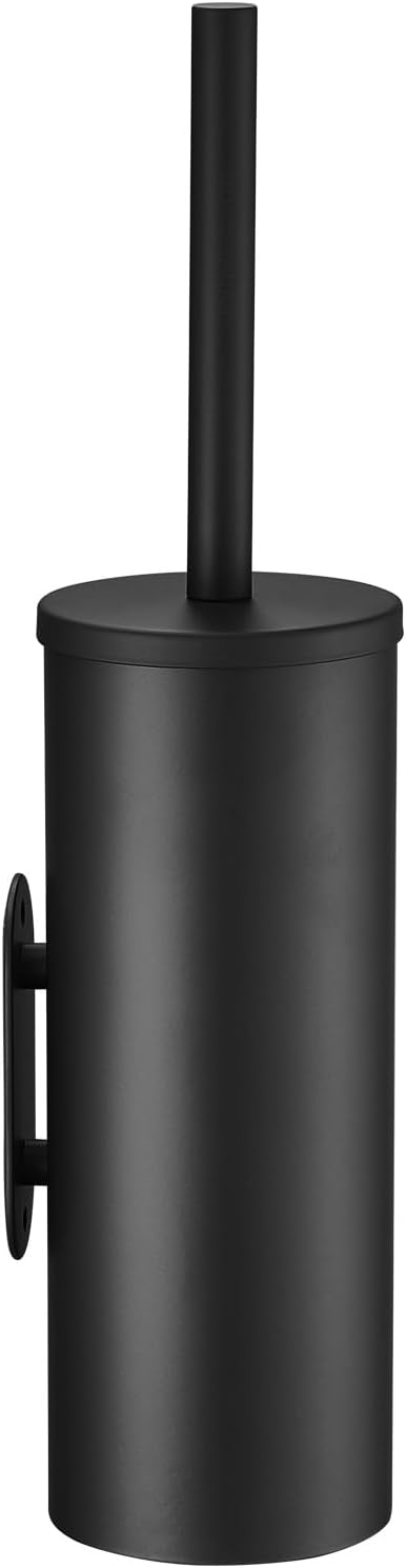 Toilet Bowl Brush and Holder, 304 Stainless Steel No-Punch Hook Base Dual-Purpose Toilet Brush Holder with Removable Inner Bucket and Splash Cover - Soft Bristles (Black)