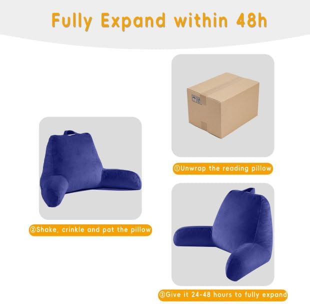 Reading Pillow for Sitting in Bed Adult, Reading Pillow with Shredded Memory Foam, Bed Pillow with Washable Cover, Back Pillow Sitting Up with Extend Arms, Navy, X-Large