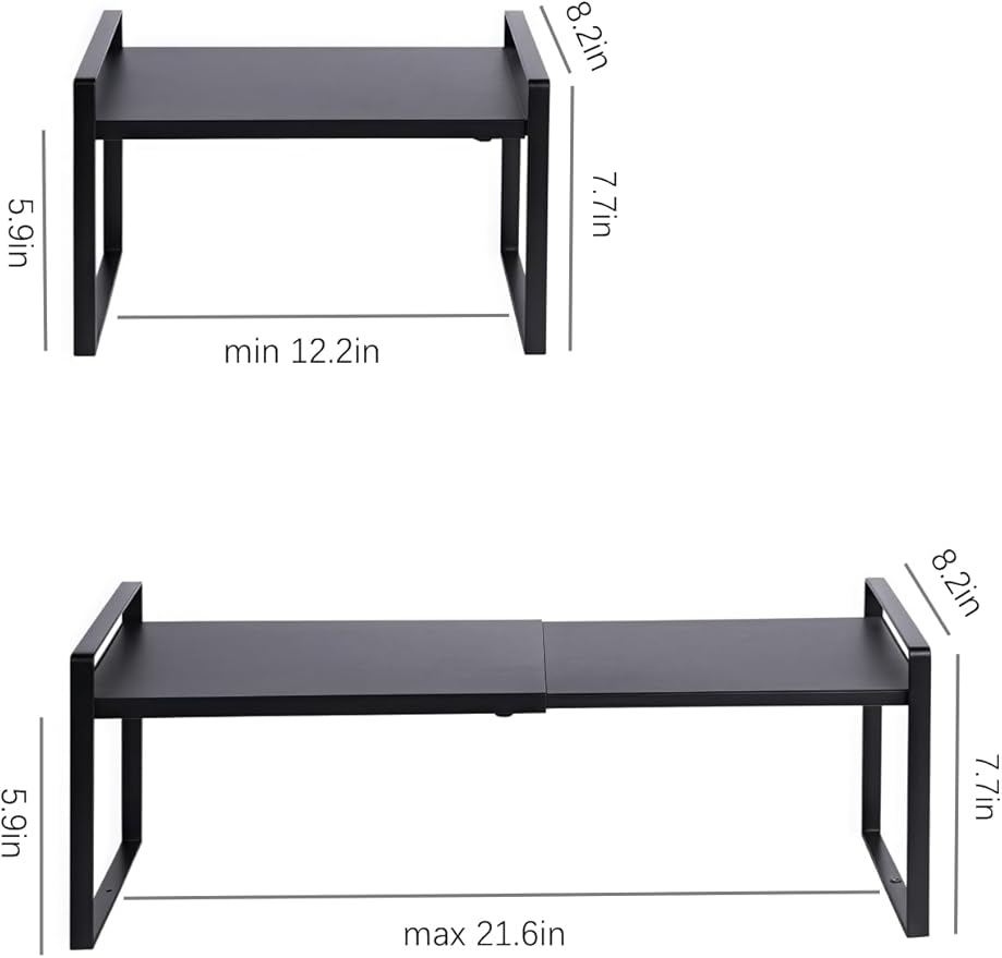 Expandable Cabinet Shelf Organizer Riser for Kitchen Pantry Cupboard Under Sink Countertop (Black, 8.2"D * 12.2-21.6"W * 7.7"H)