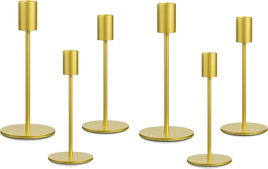 Taper Candle Holder Set of 6, Brass Gold Tall Candlestick Holders, Metal Vintage Candle Stickers Long Holder Set, Pillar Decorative Candle Holder Fits 3/4 Inch Candle for Wedding (Gold-6 Packs)