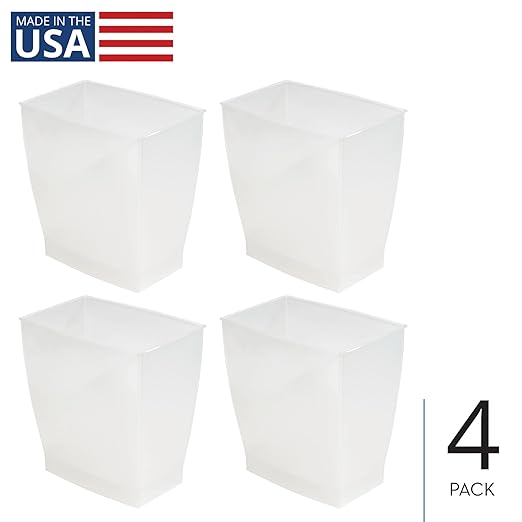 iDesign Small Plastic Bathroom Trash Can, Slim Rectangle Garbage Bin for Bedroom, Office, Dorm, 4-Pack, Frost