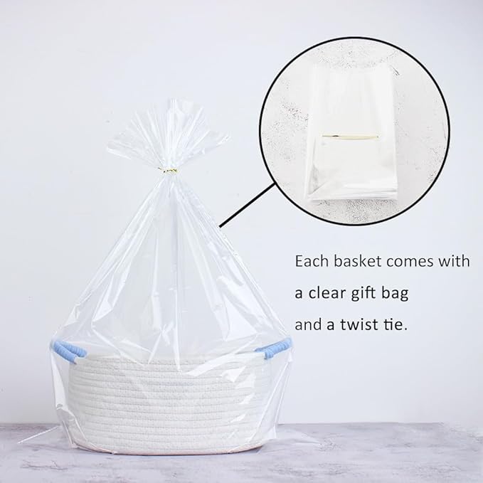 Yimi's Dream Basket for Gifts, Small Cute Shelf Baskets for Babies, Wedding, Birthday, White Rope Baskets with Blue Handle for Home Decor (Oval, 12"x 8"x 5")