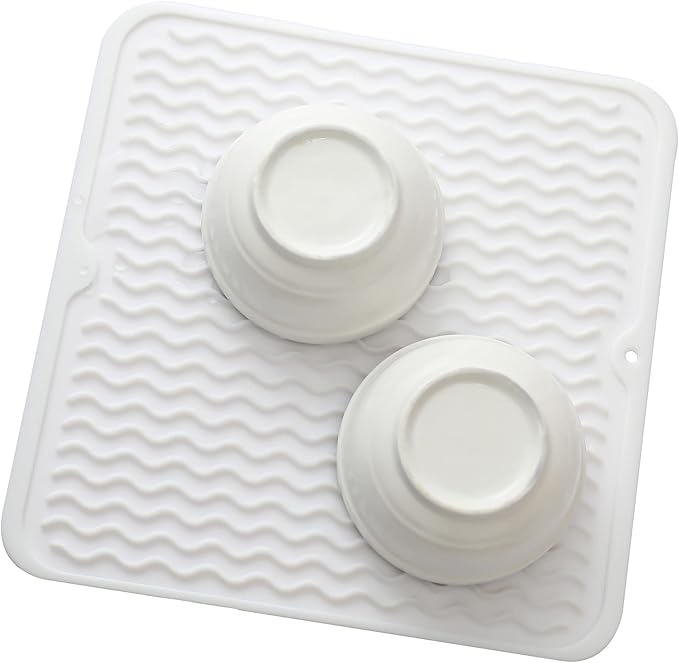 MicoYang Silicone Dish Drying Mat for Multiple Usage,Easy clean,Eco-friendly,Heat-resistant Silicone Mat for Kitchen Counter or Sink,Refrigerator or Drawer liner White M 12 inches x 12 inches
