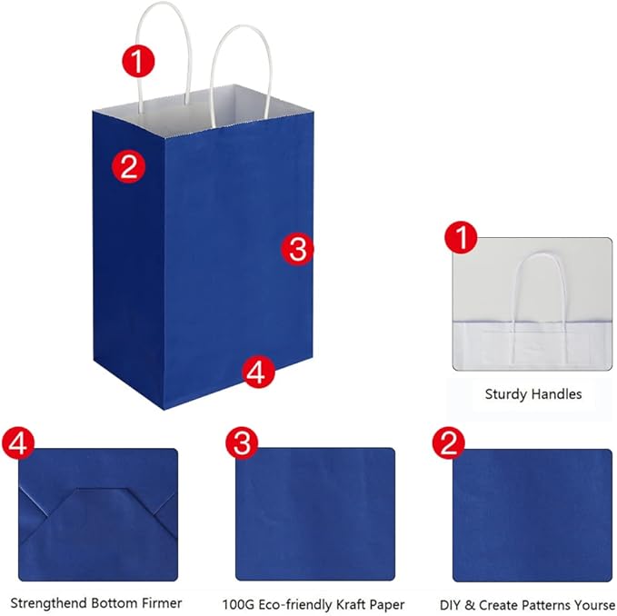 Oikss 100 Pack 5.25x3.25x8.25 Inch Small Royal Blue Kraft Paper Bags with Handles Bulk for Birthday Wedding Party Favors Grocery Retail Shopping Business Goody Craft Gift Bags Sacks (100pcs Count)
