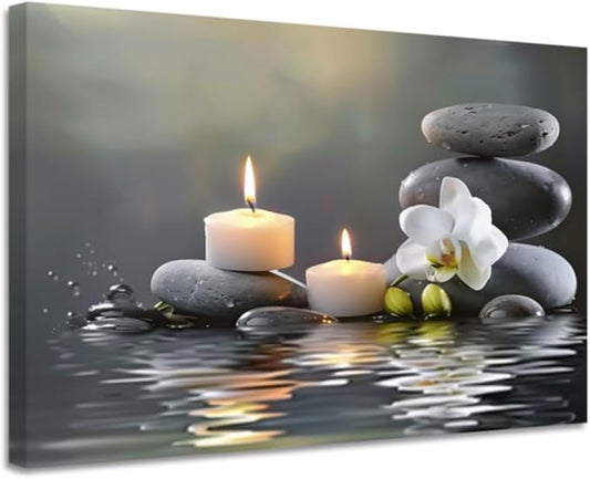 CGXLB Zen Stone Wall Art Candles & Orchid Painting Serene Water Decor for Spa Bathroom Bedroom Meditation Room 20"x30"