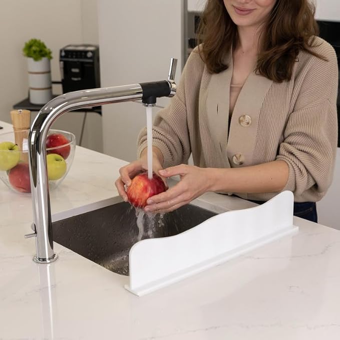 TYOARO Silicone Sink Splash Guard - Water Splash Guard for Kitchen, Island and Bathroom - Secure Non-Slip Suction Cup Base - Dishwasher Safe, White (17.4 x 1.7 x 3.6")