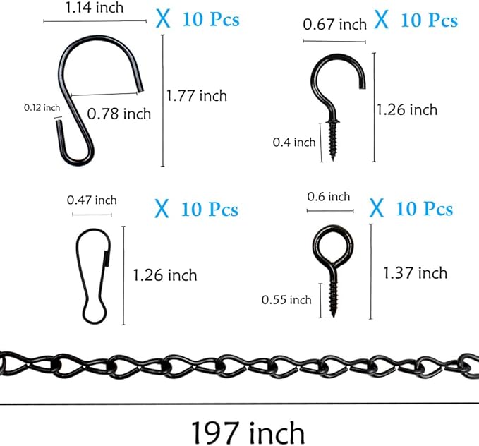 YINGFENG 236 Inch Black Metal Hanging Chains and Hanging Basket Hooks Set for Bird Feeders, Birdbaths, Planters, Grow Lights, Lanterns, Wind Chimes and Ornaments, Eye Screws, Chain Hooks DIY