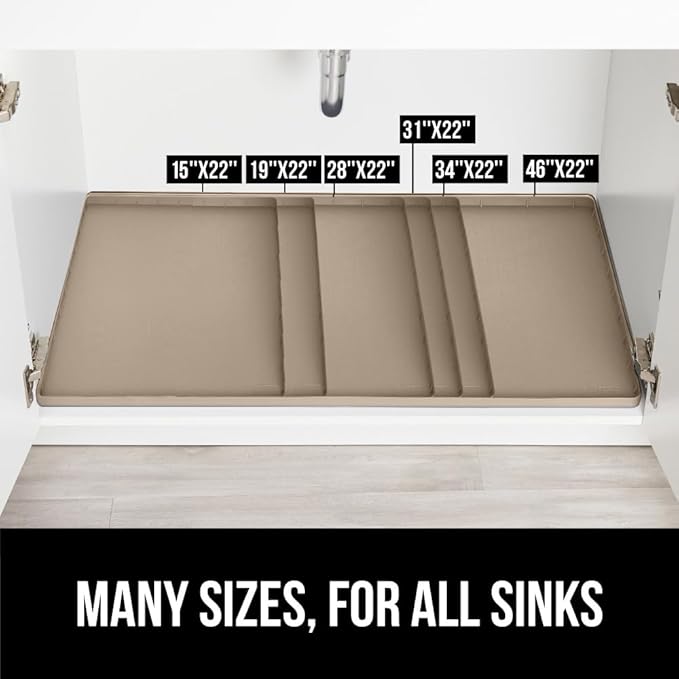 GORILLA GRIP Waterproof Silicone Under Sink Mat with Raised Lip for Kitchen and Bathroom, 34 x 22 in, Cabinet Shelf Liner Stay in Place Mats Dishwasher Safe Drawer Liner, Organizer Tray, Beige