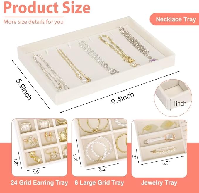 Cirhy Velvet Jewelry Drawer Organizer Trays – Stackable Jewelry Trays for Drawers, Set of 4 Jewelry Organizer for Drawer Inserts, Display Storage Box for Earrings, Rings, Necklaces, Bracelets