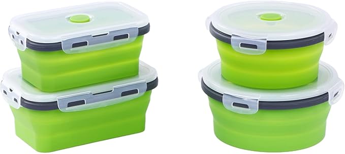 Collapsible Silicone Food Storage Containers, Set of 4 Foldable Storage Bowls with Airtight Lids, Silicone Lunch Box, Microwave,Freezer and Dishwasher Safe, BPA Free (Green, 500ml and 800ml)