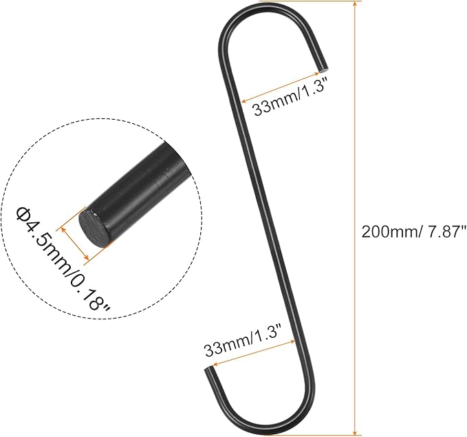 uxcell S Hanging Hooks, 8inch/200mm Extra Long Steel Hanger, Indoor Outdoor Uses for Garden, Bathroom, Closet, Workshop, Kitchen, Black, 6Pcs