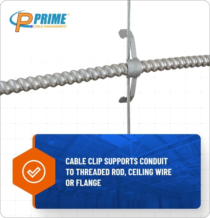 Prime Cable Management Conduit Cable Support Clip to Ceiling Wire, Threaded Rod & Flanges. Heavy Duty Spring Steel Clip / 100 Pack