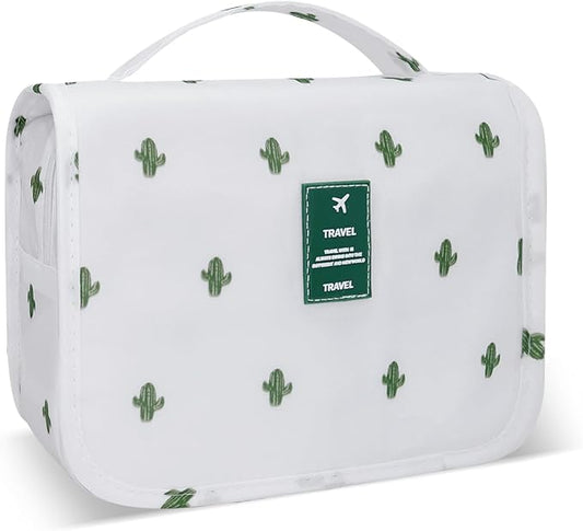 Lcsmaokin Large Capacity Toiletry Bag Travel Bag with Hanging Hook for Men and Women Waterproof Travel Cosmetic Bag Bathroom Storage Bag for Brushes Set, Full-Sized Shampoo,Accessories(White Cactus)