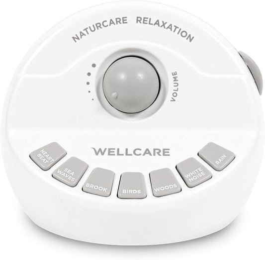 WELLCARE-Naturcare Sound Relaxation, White Noise, 7 Nature Sounds, Sleep Sound Machine, Calm Infants, for Baby, Kids, Adult. Stepless Volume, Timer, Powered by Adapter(Incl.) or Batteries(Not Incl.)