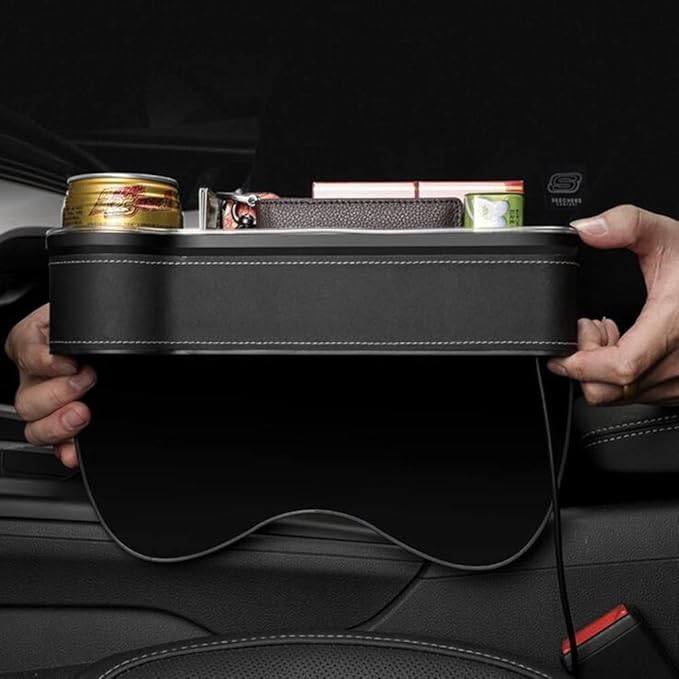Tumecos Car Seat Gap Organizer with Light, Multifunctional, with Small Cup Holder, Storage Box Car Seat Organizer, Car Seat Gap Filler with 2 USB Super Fast Charge Ports (Beige, Driver’s Side)