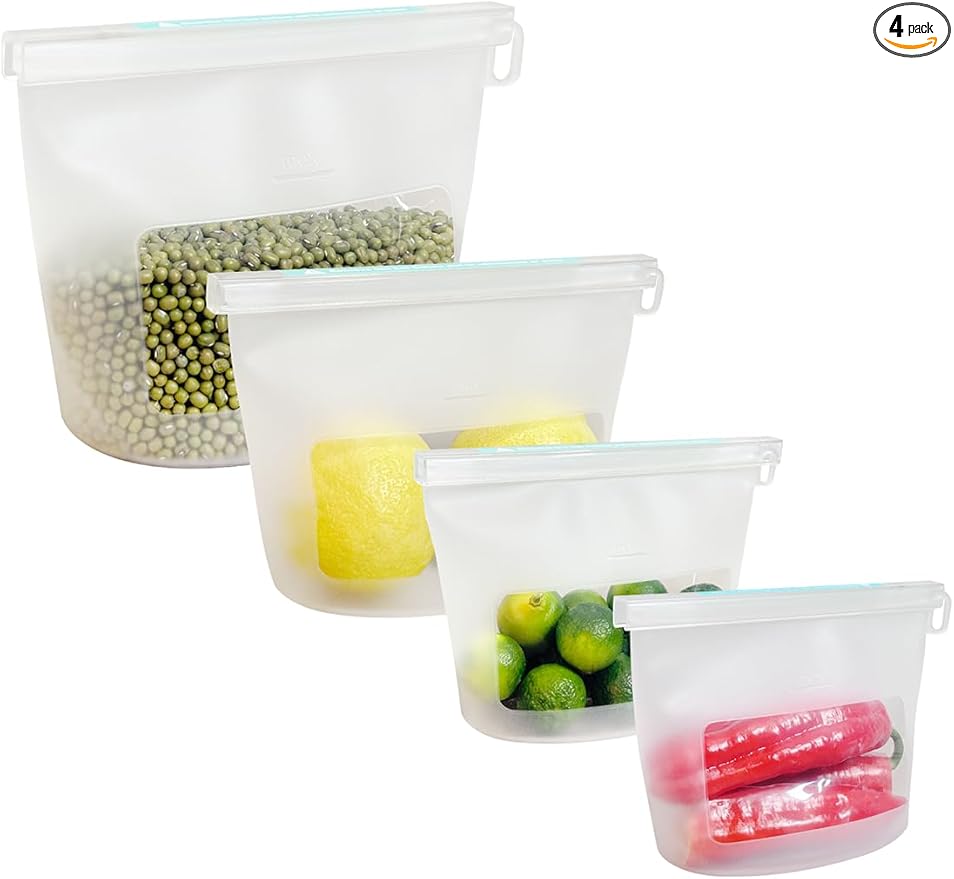 Reusable Silicone Food Storage Bags 4-Pack with 2 Sandwich, 1 Lunch, and 1 Half-Gallon, Multi-Use & Sous Vide Stand-Up Container for Soup and Leftovers, Microwave, Dishwasher, Oven and Freezer Safe