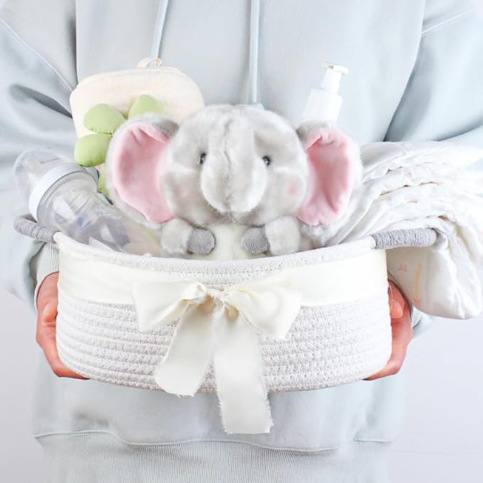 Yimi's Dream Basket for Gifting, Small Baskets for Shelves, White Cotton Rope Basket with Grey Handle for Decor, Baby Cat Dog Toy (Oval, 12"x 8"x 5")
