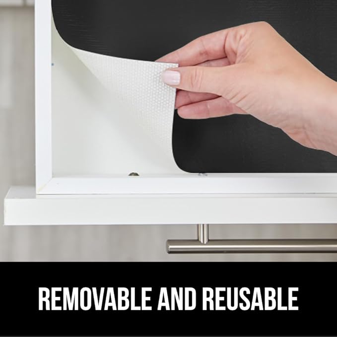 GORILLA GRIP DripGuard Shelf Liner, Non-Adhesive Drawer and Kitchen Cabinet Protector, Strong Grip Slip Resistant Underside, Smooth Surface Liners for Cabinets, Bathroom Closets, 17.5x120 Inch, Black