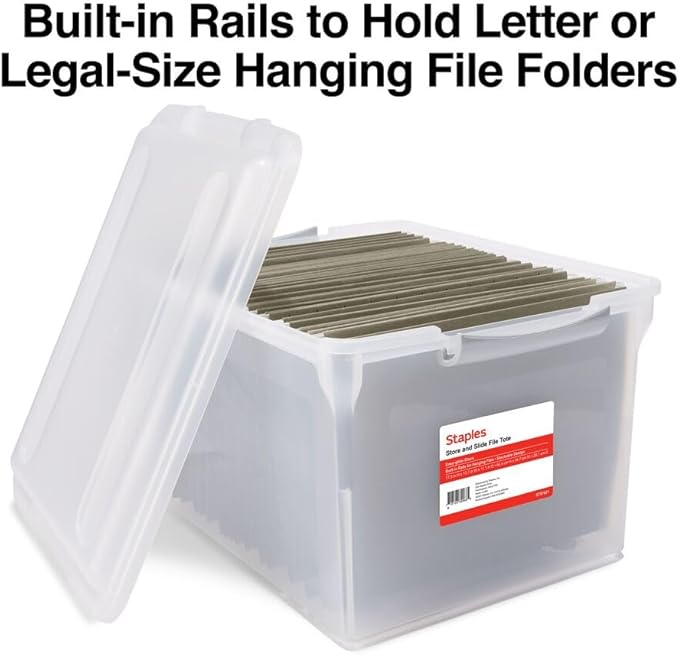 STAPLES Store & Slide Plastic File Box Latching, Letter/Legal Size, Clear, 4/Carton