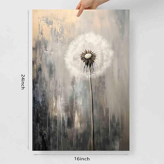 Dandelion Picture Gray White Wall Art Abstract Flower Canvas White Flower Painting Farmhouse Floral Picture Gray Gold Painting Rustic Floral Prints Black Gold Pictures Room Decor 16x24inch No Frame