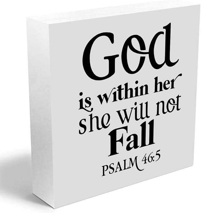 God is Within Her She Will Not Fall, Christian Gifts Wooden Box Sign, Christian Bible Verse Religious Decor Rustic Farmhouse Home Office Table Decorations Wood Block Plaque