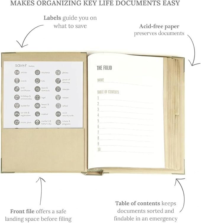 The Folio® Important Document Organizer by Savor |Binder with Guided Labels, Acid-Free File Folder with 10 Pockets for Home, Legal, Medical Papers | Mother’s Day Gift for Moms, Records Storage (Slate)