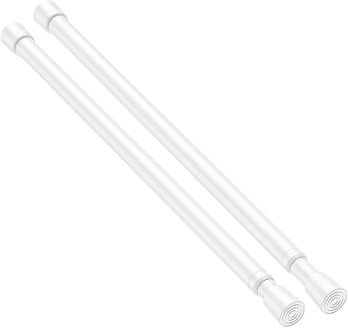 2 Pack Spring Tension Rods 12-18 Inches, 5/8 Inch Diameter White No Drill Spring Loaded Adjustable Extendable, Small Short Tension Curtain Rod for Windows Kitchen Doorway Closet Cupboard