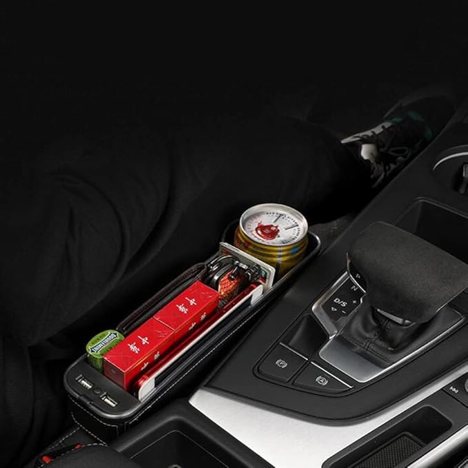Tumecos Car Seat Gap Organizer with Light, Multifunctional, with Small Cup Holder, Storage Box Car Seat Organizer, Car Seat Gap Filler with 2 USB Super Fast Charge Ports (Beige, Driver’s Side)