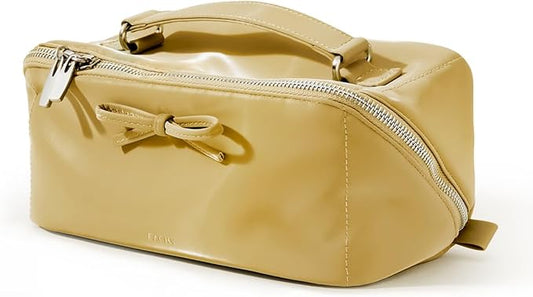 EACHY Travel Makeup Bag, Large Capacity Cosmetic Bag for Women, Waterproof PU Leather, Flat Open Portable Toiletry Bag for Skincare, Brushes & Travel Essentials