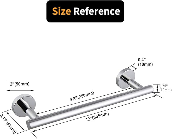 kimzcn 12-Inch Towel Bar SUS 304 Stainless Steel Towel Rack Wall Mounted Towel Rail Towel Rod for Bathroom Modern Style Polished Finish