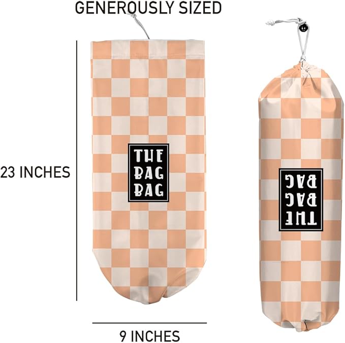 IHopes+ Plastic Bag Holder, Reusable and Washable Grocery Bag Organizer, for Home Kitchen Travelling Camping Decor, 1 Pack, Orange and White Checkerboard Pattern