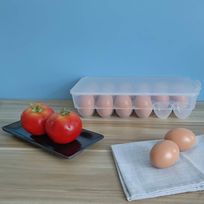 Teyyvn 2-Pack Clear Refrigerator Plastic Egg Holder Storage Bin with Lid, Stores 18 Eggs, F