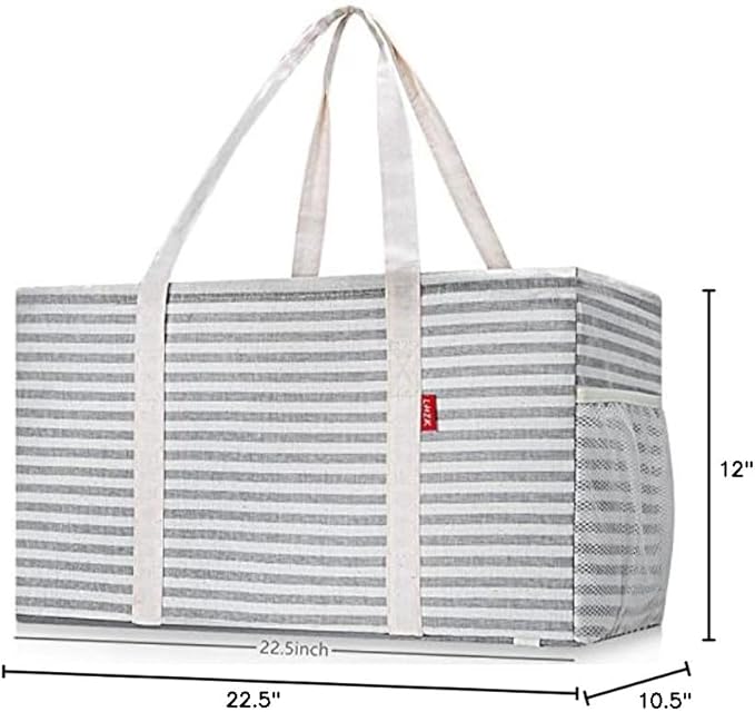 LHZK Standing Extra Large Utility Tote Bag with Metal Wire Frame and the Sides Rinforced, Extra Large Tote Bag with Handle, Reusable Grocery Bags Foldable, Beach Bag, Car Tote (Gray)