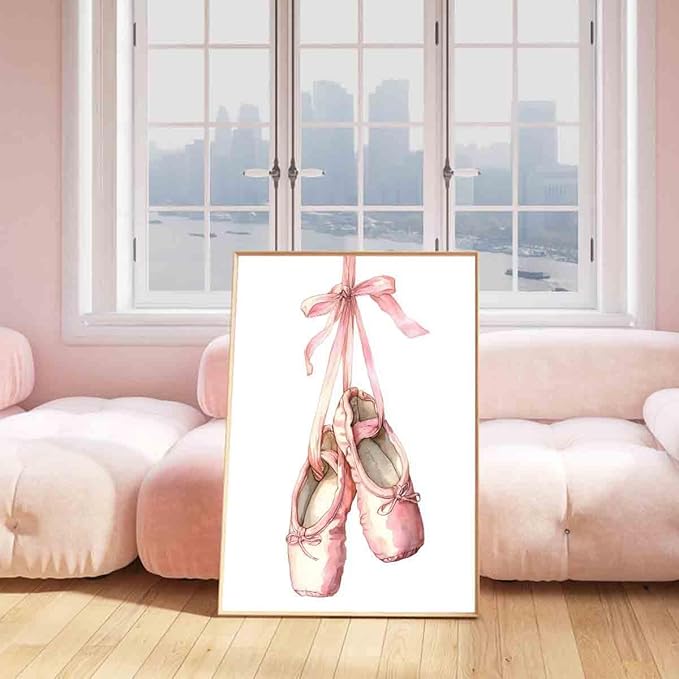 Mostemauo Ballet Shoes Painting Dancer Wall Art Ballet Pictures Pink Bow Pictures Elegant Vintage Wall Art Aesthetics Watercolor Painting Trendy Modern Abstract Girls' Room Decor 16x24inch No Frame