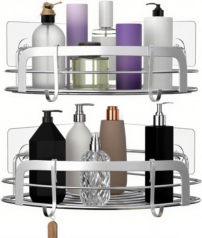 STEUGO 2 Pack Shower Caddy Corner, Bathroom Corner Shower Shelves, Adhesive Wall Mounted Shower Caddy with 4 Movable Hooks, No Drilling Shower Shelf, Stainless Steel Silver.