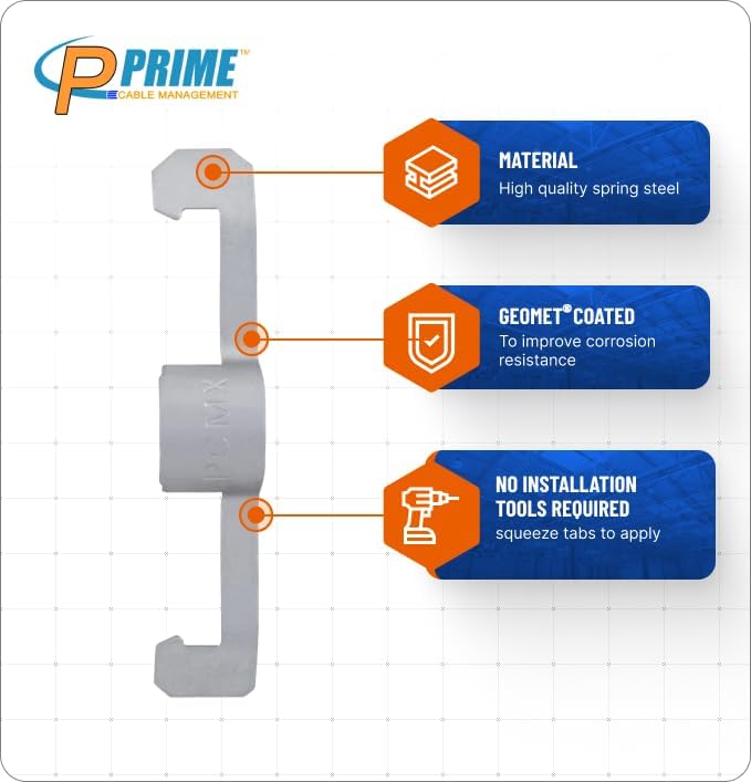 Prime Cable Management Conduit Cable Support Clip to Ceiling Wire, Threaded Rod & Flanges. Heavy Duty Spring Steel Clip / 100 Pack