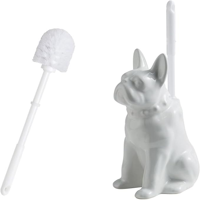 Shar Pei Dog Toilet Brush Holder - White Ceramic Bathroom Decor with Durable Brush, Giftable Foam Packaging