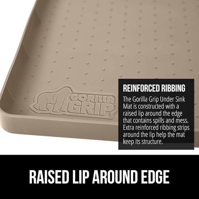 GORILLA GRIP Waterproof Silicone Under Sink Mat with Raised Lip for Kitchen and Bathroom, 34 x 22 in, Cabinet Shelf Liner Stay in Place Mats Dishwasher Safe Drawer Liner, Organizer Tray, Beige