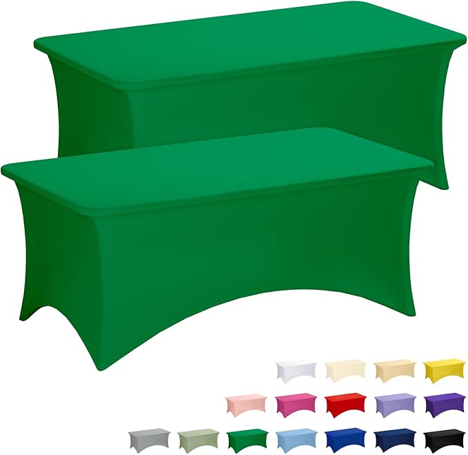 Fixwal Green Stretch Table Cloth Rectangle 2 Pack 6Ft, Spandex Fitted Table Covers Washable for Party, Trade Show, Banquet, Wedding, Buffet