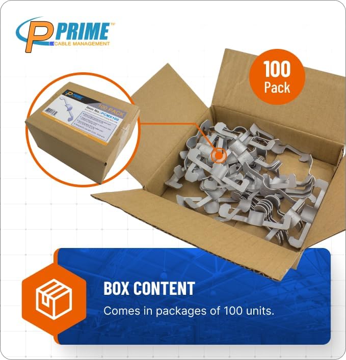 Prime Cable Management Conduit Cable Support Clip to Ceiling Wire, Threaded Rod & Flanges. Heavy Duty Spring Steel Clip / 100 Pack