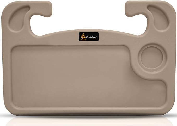 EcoNour 2 in 1 Car Steering Wheel Desk (Beige) | Steering Wheel Tray for Laptop, Eating, Drinks | Rectangular ABS Car Tray with Pen Holder & Cup Holder