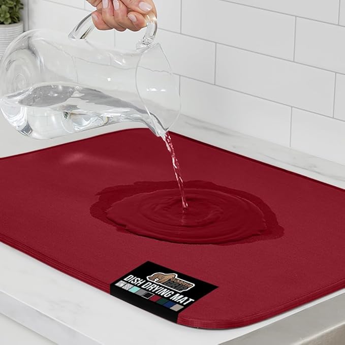 GORILLA GRIP Ultra Water Absorbent Microfiber Dish Drying Mat, 18x24, Quick Dry Thick Mesh, Slip Resistant Pad for Sink Dishes or Under Rack, Kitchen Counter Accessories, Machine Wash Mats, Red
