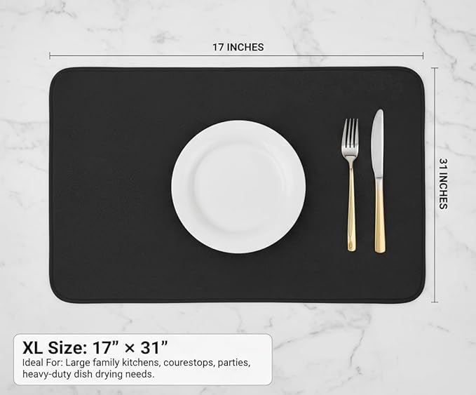 Dish Drying Mat Super Absorbent – 17" x 31" Coffee Mat for Countertops – Non-Slip Drying Mat for Kitchen Counter – Easy to Clean Water Absorbent Mat – XLarge Dish Drying Mats (Black)