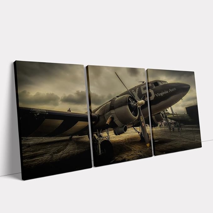 KAWAHONE -3 Pieces Vintage Airplane Wall Art Old Airplane Canvas Wall Art for Office Bedroom Living Room Home Ready to Hang (Aircraft)