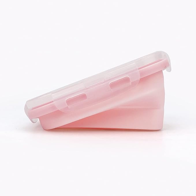 CCyanzi 3-piece Collapsible Food Storage Containers with Lids, Silicone Lunch Container, Microwave & Freezer Safe, Space-Saving for Kitchen Cabinet and Camping Backpack (Pink)