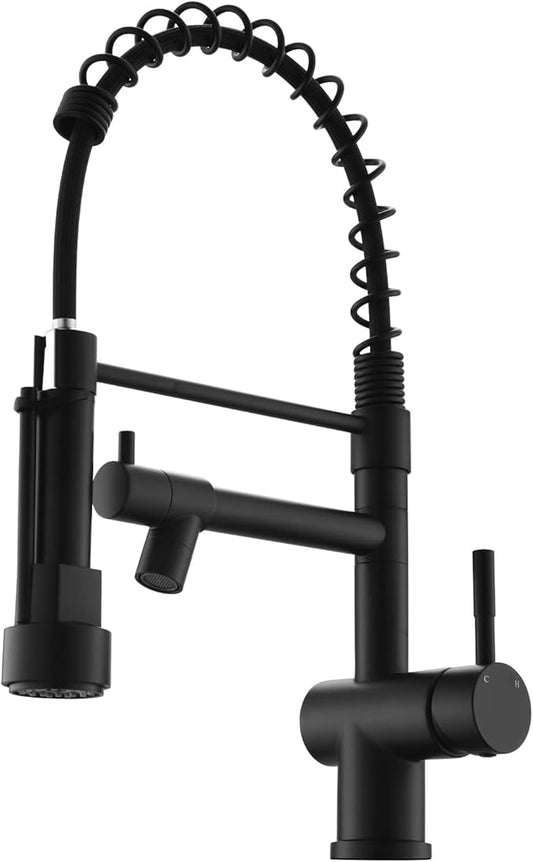 VFAUOSIT Commercial Spring Pull Down Kitchen Faucet with Dual Outlets – Matte Black 360° Rotating Lower Spout + High Pressure Sprayer, Single Handle Lever Stainless Steel for RV Farmhouse Sink
