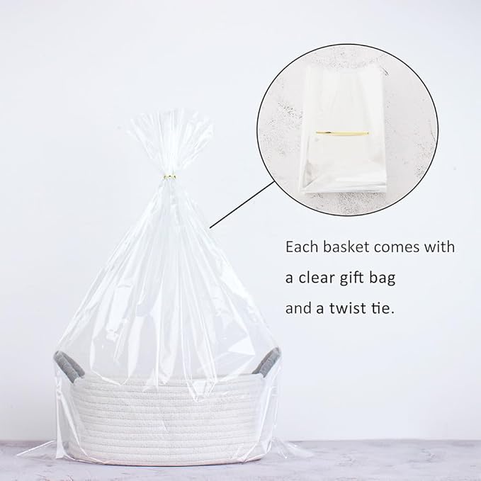 Yimi's Dream Basket for Gifting, Small Baskets for Shelves, White Cotton Rope Basket with Grey Handle for Decor, Baby Cat Dog Toy (Oval, 12"x 8"x 5")