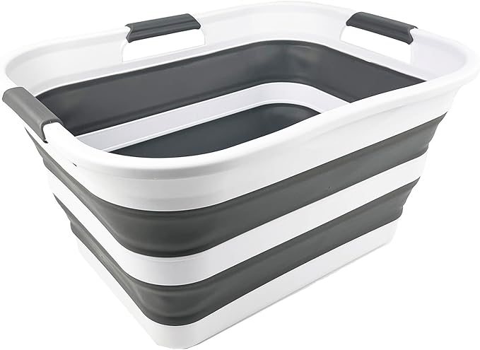 SAMMART 30L (8 gallons) Collapsible Plastic Laundry Washing Tub/Basket - Portable Laundry Hamper/Storage Container Foldable Laundry Basket - Space Saving (White/Steel Grey)