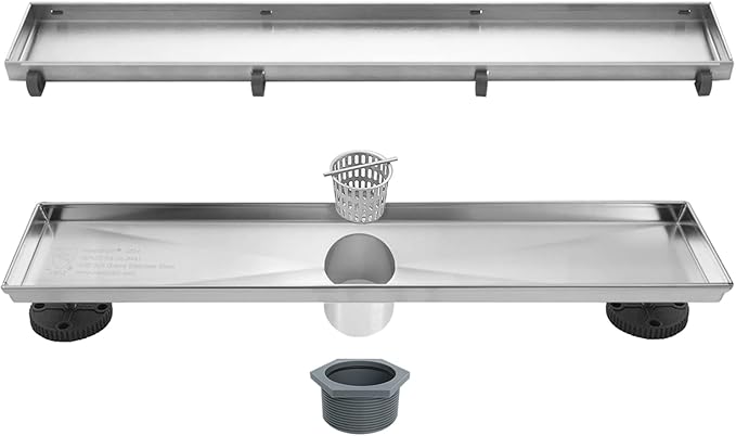 Neodrain 18-Inch Linear Shower Drain - with 2-in-1 Flat & Tile Insert Cover, Brushed 304 Stainless Steel Rectangle Shower Floor Drain, Floor Shower Drain