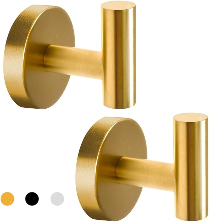 Vuzvuv 2-Pack Gold Wall-Mounted Towel Hooks, SUS304 Stainless Steel Waterproof Coat Robe Holder, Heavy Duty Hooks for Bathroom, Kitchen, Hotel (Drilling)